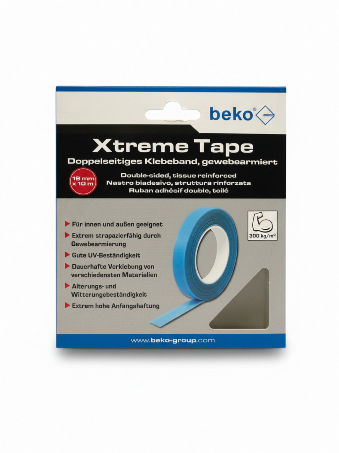 NASTRO BIADESIVO BEKO XTREME TAPE - STRUTTURA RINFROZATA IN TESSUTO RESISTENTE AI RAGGI UV E AGLI AGENTI ATMOSFERICI - ADATTO AD USI INTERNI ED ESTERNI CON TENUTA FINO A 300 kg/m² - DIMENSIONI 19 mm X 10 m