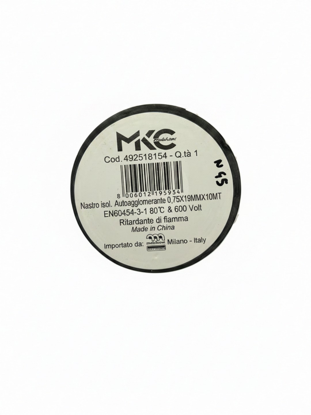 NASTRO ISOLANTE AUTOAGGLOMERANTE MKC 492518154 - 0,75mm SPESSORE, 19mm LARGHEZZA, 10mt LUNGHEZZA - TENSIONI FINO A 600 Volt E TEMPERATURE FINO A 80°C