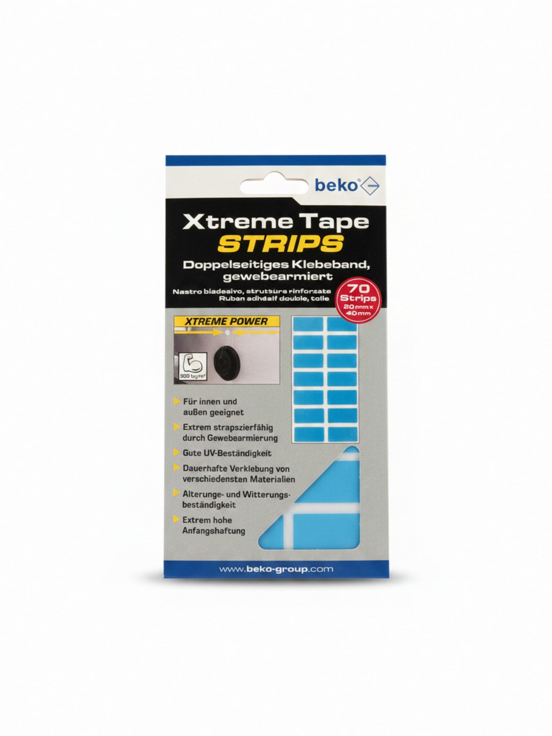 NASTRO BIADESIVO RINFORZATO IN TESSUTO BEKO XTREME TAPE STRIPS - IDEALE PER INCOLLAGGI PERMANENTI DI VARI MATERIALI - CONFEZIONE CONTENENTE 70 STRISCE ADESIVE DELLE DIMONSIONI DI 20mm X 40mm E CAPACITA' DI CARICO FINO A 300 kg/m²