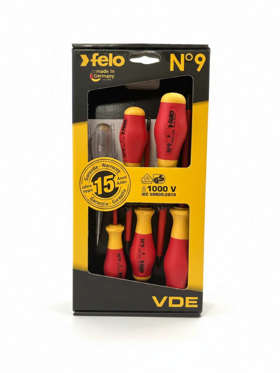SET DI CACCIAVITI ISOLATI FELO VDE MODELLO FL91396198 - 5 PZ VARIE MISURE E UN CERCAFASE - IMPUGNATURA ERGONOMICA CON ISOLAMENTO