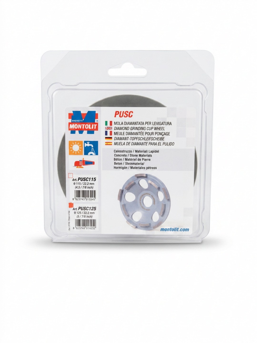MOLA DIAMANTATA MONTOLIT PUSC - ART. PUSC125 - DIAMETRO 125 mm - CON FORO DA ATTACCO 22,2 mm - PER LEVIGATURA DI SUPERFICI IN CALCESTRUZZO, CEMENTO E MATERIALI LAPIDEI