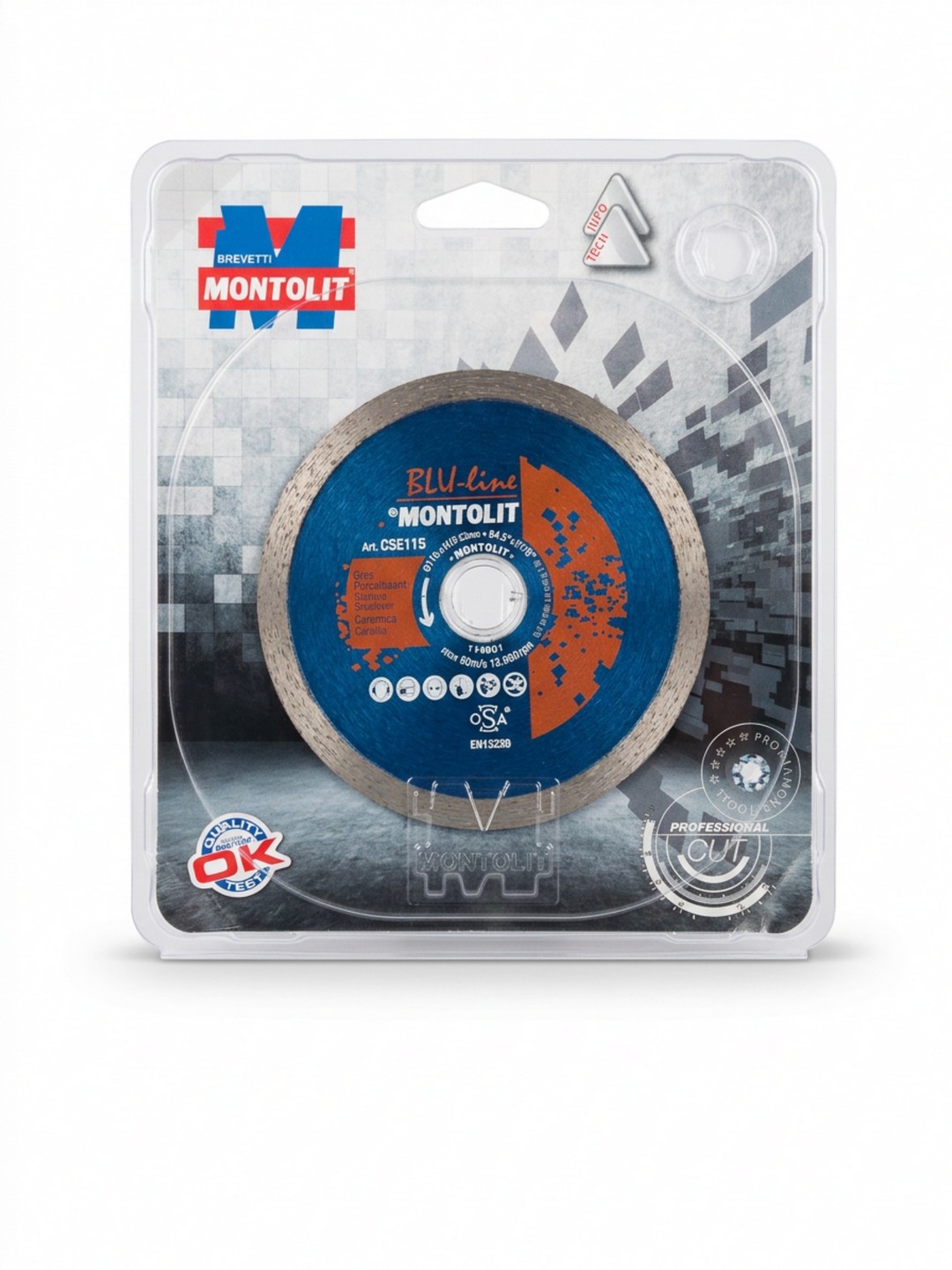 DISCO DIAMANTATO MONTOLIT BLU-LINE MODELLO CSE115 - DIAMETRO 115 mm CON FORO DA 22,2 mm - CORONA CONTINUA, SPESSORE DI 1,6 mm E ALTEZZA DEL RIPORTO DIAMANTATO 7 mm