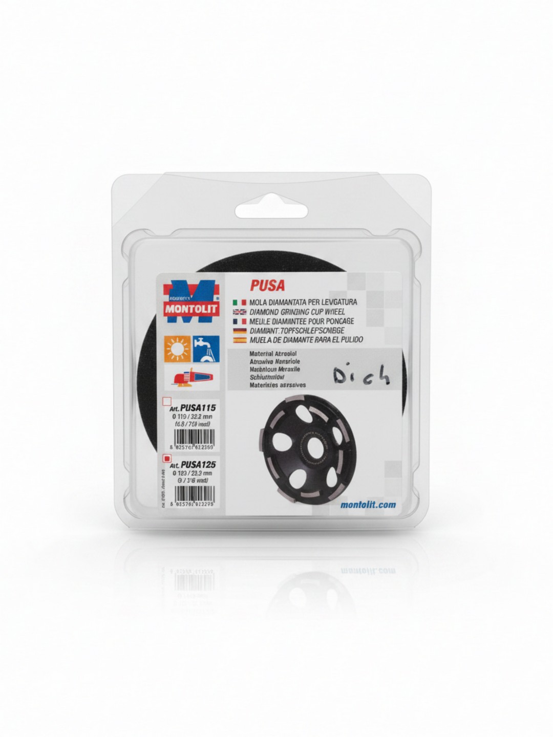 MOLA DIAMANTATA MONTOLIT PUSA MODELLO PUSA125 - DIAMETRO 125 mm - FORO DI ATTACCO DA 22,2 mm - PER LEVIGATURA E RIPRISTINO DI SUPERFICI IN CALCESTRUZZO E MATERIALI EDILI ABRASIVI