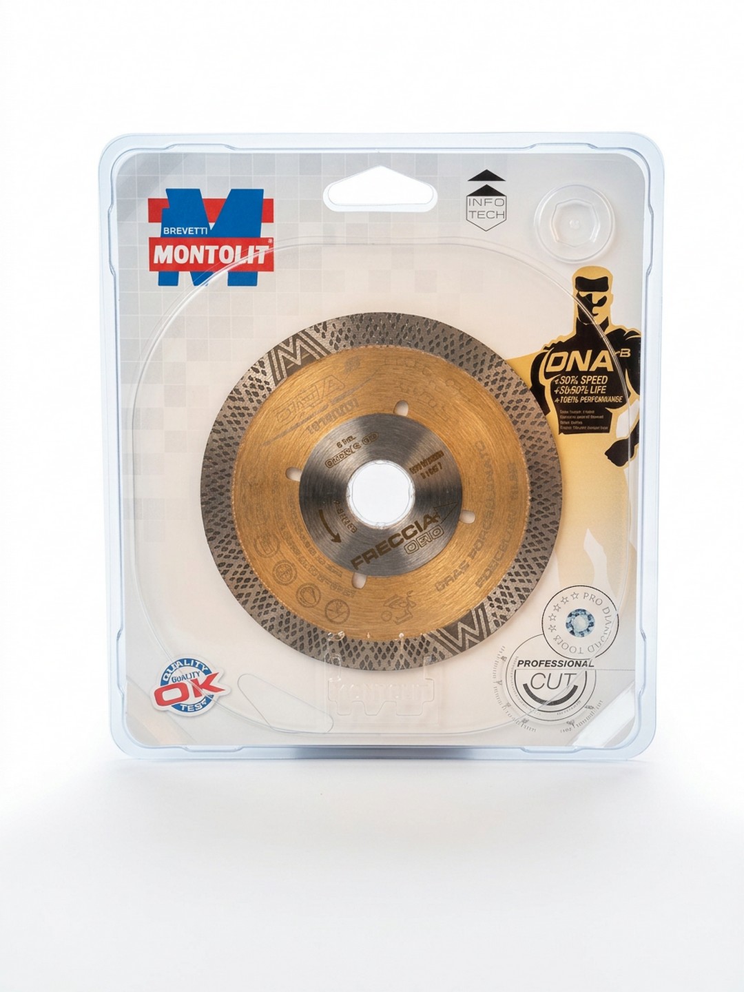 DISCO DIAMANTATO MONTOLIT FRECCIA ORO MODELLO CGX115 - DIAMETRO 115 mm CON FORO DA 22,22 mm - SPESSORE FASCIA DI 1,25/1,3 mm - ALTEZZA FASCIA DIAMANTATA 11 mm