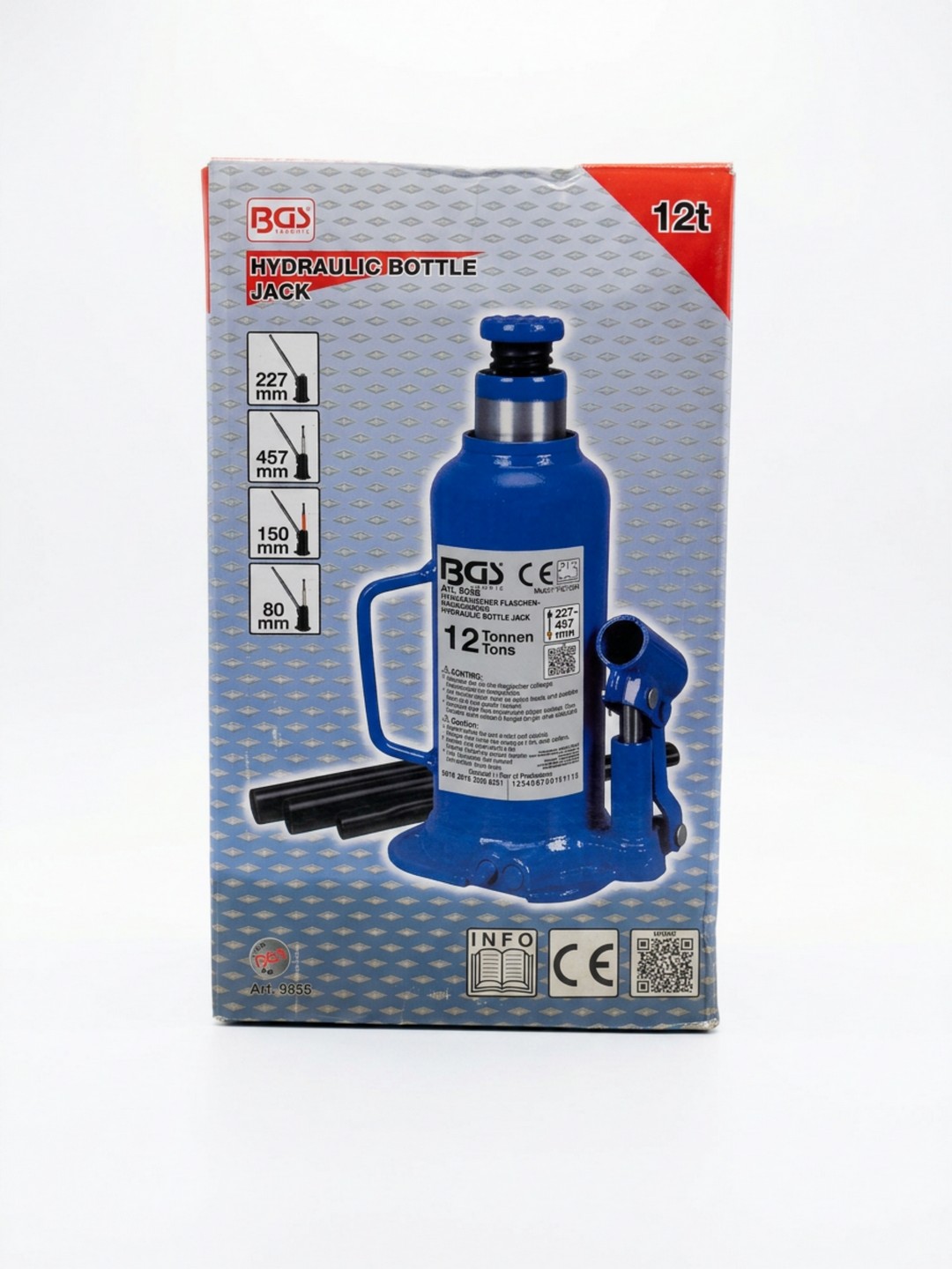 MARTINETTO IDRAULICO DI SOLLEVAMENTO A BOTTIGLIA BGS TECHNIC 9886 - CAPACITA' MASSIMA 12T - ALTEZZA DA 277 mm A 457 mm - CORSA SOLLEVAMENTO 150 mm - REGOLAZIONE VITE 80 mm