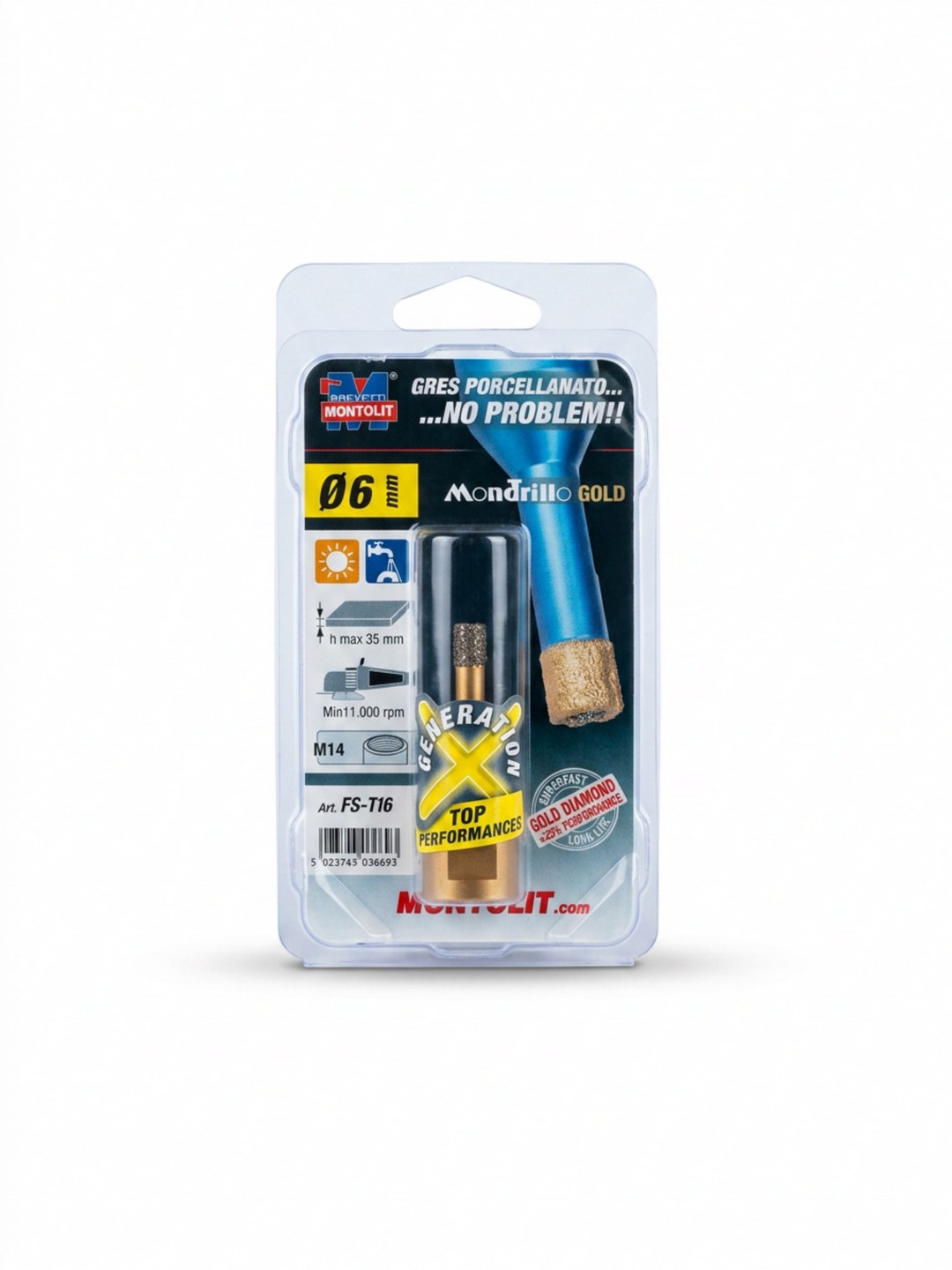 FRESA DIAMANTATA BREVETTI MONTOLIT MONDRILLO GOLD – FORATURA A SECCO E AD ACQUA GRES PORCELLANATO, GRANITO E MARMO – DIAMETRO 6mm – ATTACCO M14