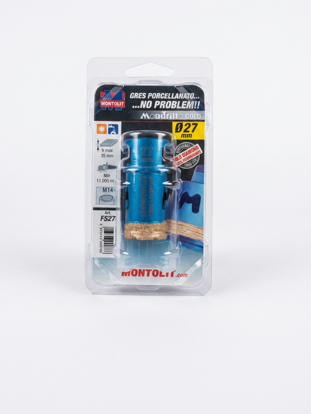 FRESA DIAMANTATA BREVETTI MONTOLIT MONDRILLO GOLD – FORATURA A SECCO E AD ACQUA GRES PORCELLANATO, GRANITO E MARMO – DIAMETRO 27mm – ATTACCO M14