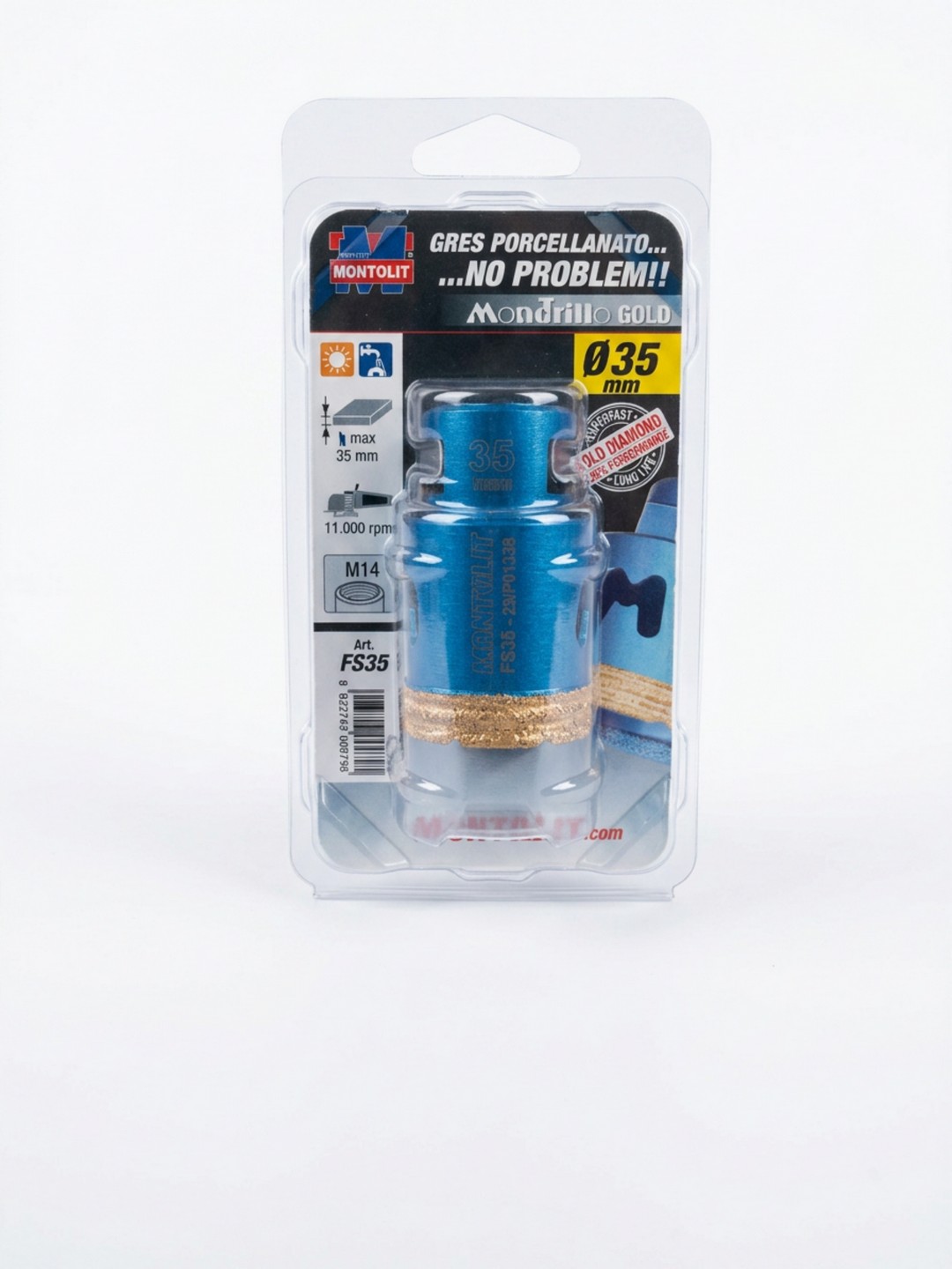 FRESA DIAMANTATA BREVETTI MONTOLIT MONDRILLO GOLD – FORATURA A SECCO E AD ACQUA GRES PORCELLANATO, GRANITO E MARMO – DIAMETRO 35mm – ATTACCO M14