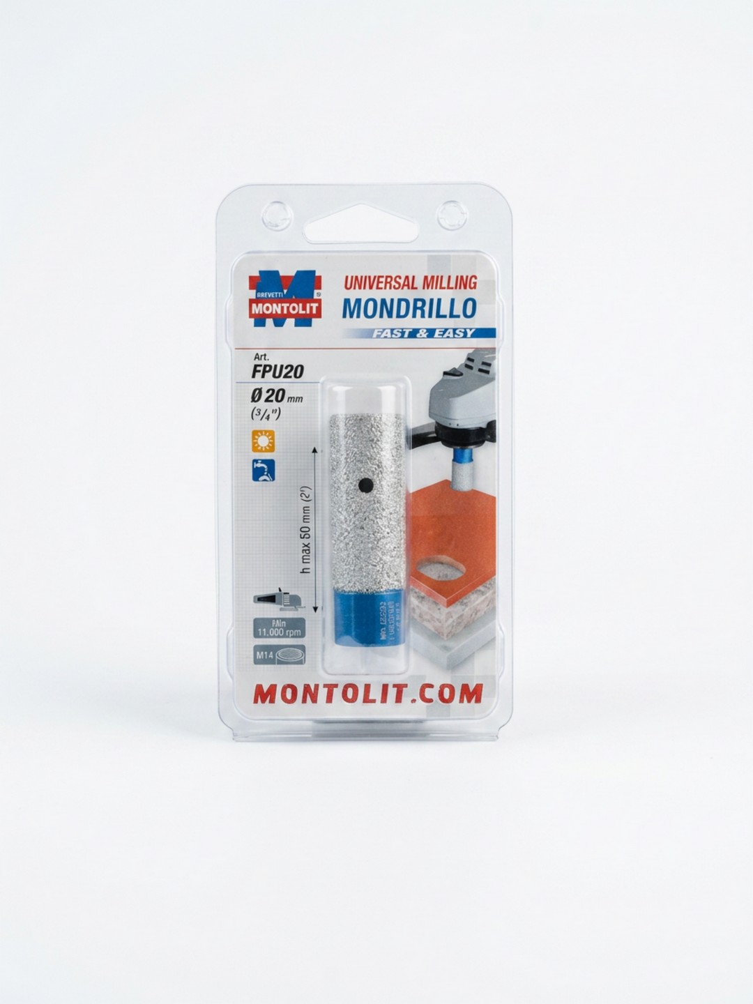 FRESA DIAMANTATA UNIVERSALE MONTOLIT MONDRILLO FPU20 - DIAMETRO 20 mm - ATTACCO 14M - FORATURA A SECCO E AD ACQUA PER PIASTRELLE, GRES PORCELLANATO, GRANITO, MARMO E ALTRI MATERIALI DURI