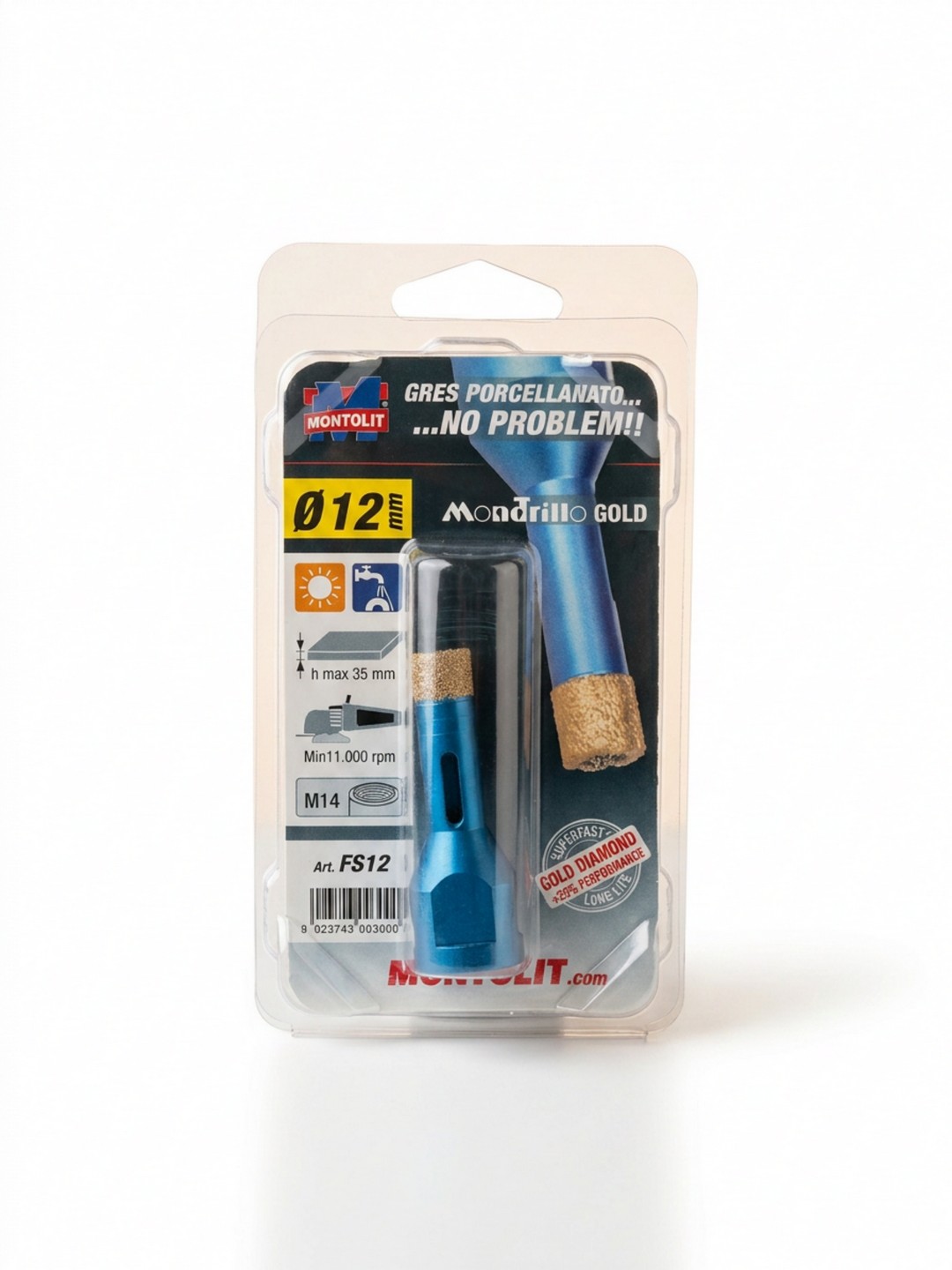 FRESA DIAMANTATA BREVETTI MONTOLIT MONDRILLO GOLD – FORATURA A SECCO E AD ACQUA GRES PORCELLANATO, GRANITO E MARMO – DIAMETRO 12mm – ATTACCO M14