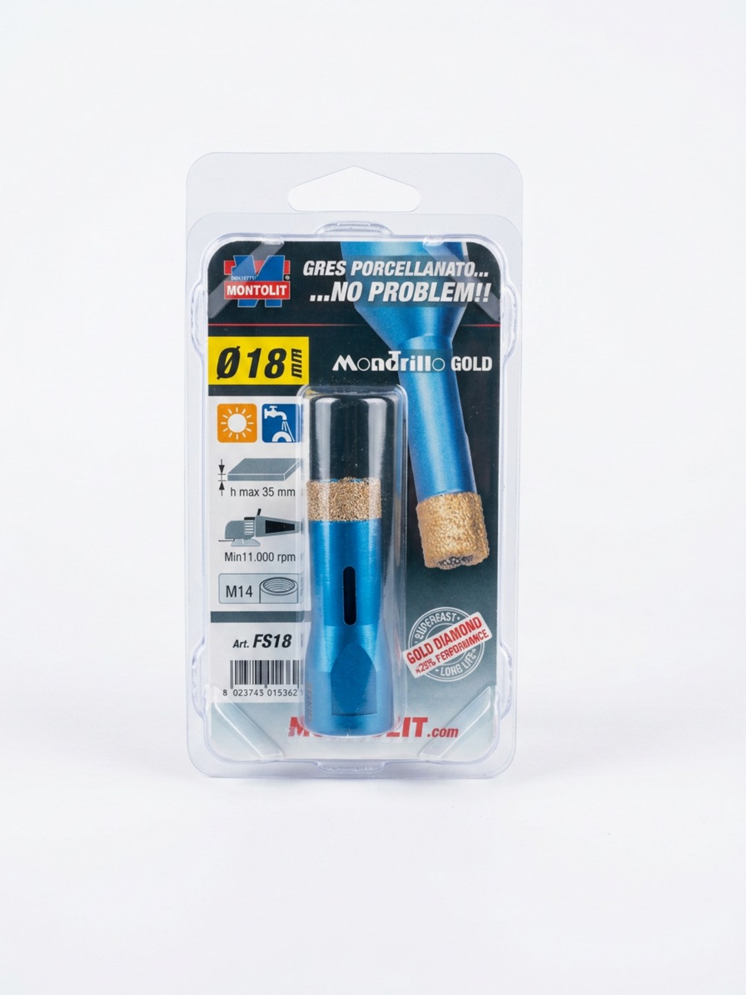 FRESA DIAMANTATA BREVETTI MONTOLIT MONDRILLO GOLD – FORATURA A SECCO E AD ACQUA GRES PORCELLANATO, GRANITO E MARMO – DIAMETRO 18mm – ATTACCO M14