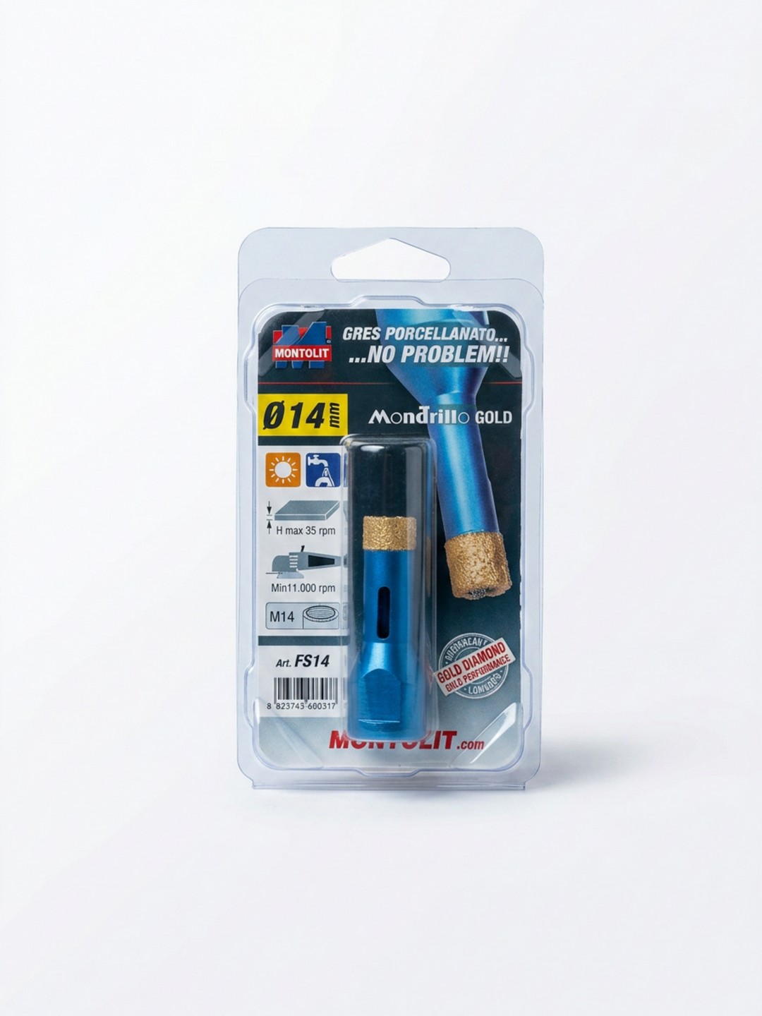 FRESA DIAMANTATA BREVETTI MONTOLIT MONDRILLO GOLD – FORATURA A SECCO E AD ACQUA GRES PORCELLANATO, GRANITO E MARMO – DIAMETRO 14mm – ATTACCO M14